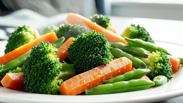 Steaming Cooked Vegetables Featuring Broccoli, Carrots and Snow Peas