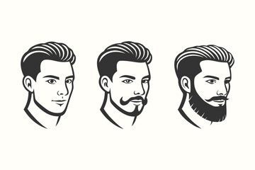 Three black and white stylized male head profiles feature varied facial hair styles