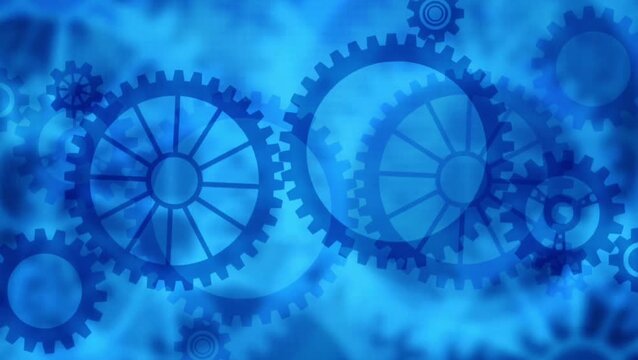 A dynamic blue abstract background featuring interlocking gears