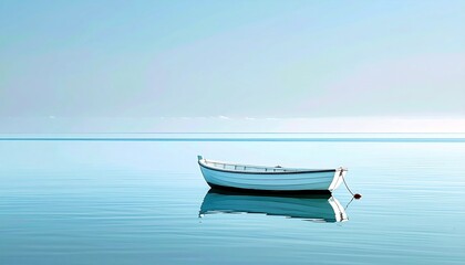 A solitary white rowboat is gently floating on a vast expanse of calm, blue water under a clear sky.