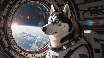 Siberian Husky dog animal in an astronaut space suit looking out a spaceship window at Earth.