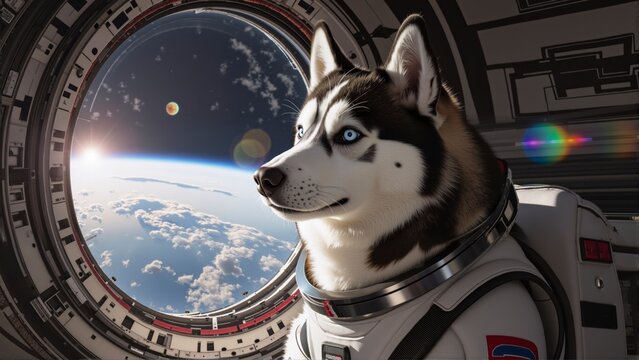 Siberian Husky dog animal in an astronaut space suit looking out a spaceship window at Earth. - Powered by Adobe
