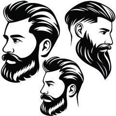 Three blackandwhite depictions show men with distinctive beard styles in profile poses
