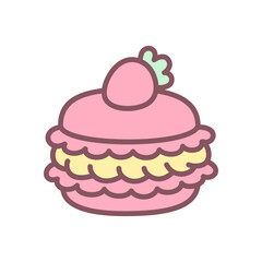 Cute macaron icon. Doodle illustration of pink pastel macaron with cream and strawberry on top. Kawaii sticker. Vector 10 EPS.