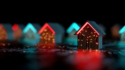 Miniature house models with glowing circuit board patterns and neon lights on their roofs, symbolizing smart home technology and digital connectivity in a futuristic setting