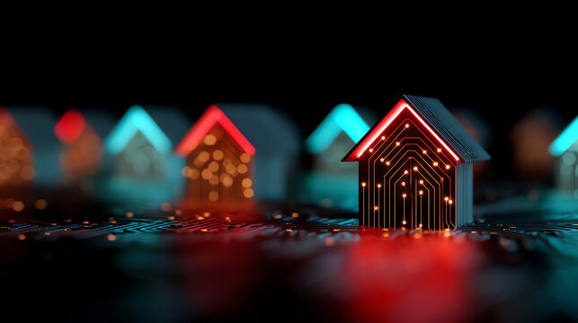 Miniature house models with glowing circuit board patterns and neon lights on their roofs, symbolizing smart home technology and digital connectivity in a futuristic setting