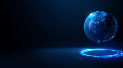 Digital blue Earth globe illuminated with network lights floats above a glowing circular platform in a dark futuristic space, symbolizing global connectivity and technology