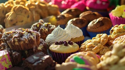 A variety of cupcakes on a table, ideal for bakery or dessert-themed stock 