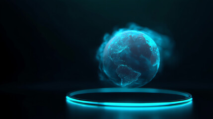Holographic glowing globe projecting a digital Earth with illuminated continents, floating above a circular platform in a dark, futuristic setting
