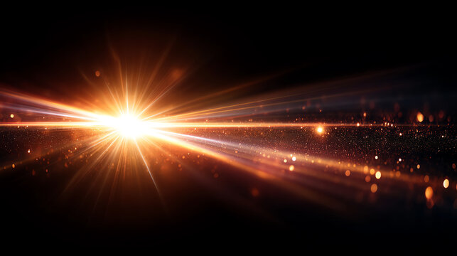 Bright orange light burst with glowing particles and radiant beams against a dark background, creating a dynamic and energetic visual effect