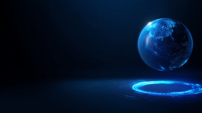 Digital blue Earth globe illuminated with network lights floats above a glowing circular platform in a dark futuristic space, symbolizing global connectivity and technology