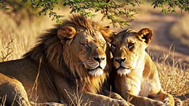 Majestic lion and lioness resting in the african savanna under a tree