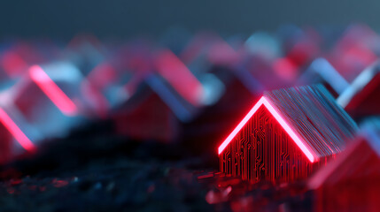Futuristic houses with glowing red neon roofs and circuit board patterns symbolize smart technology integration in modern urban living environments