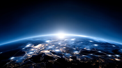 Sunrise over Earth showing Europe and parts of Asia illuminated with city lights and connected by glowing network lines in a digital global communication concept