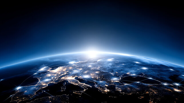 Sunrise over Earth showing Europe and parts of Asia illuminated with city lights and connected by glowing network lines in a digital global communication concept