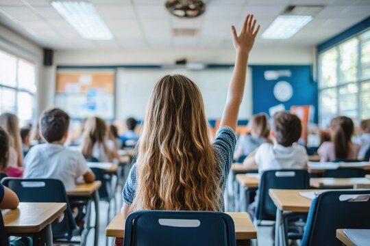 A girl with a raised hand in a classroom setting. Concept of active learning, lesson engagement and knowledge acquisition in a modern educational environment