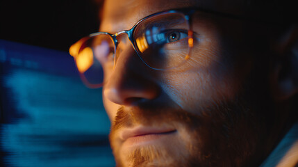 Close-up of a man with glasses focused on a computer screen, reflecting code in his lenses, highlighting concentration and technology use in a dimly lit environment