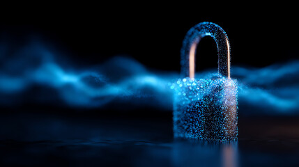 A digital padlock made of glowing blue particles symbolizes cybersecurity and data protection against a dark background