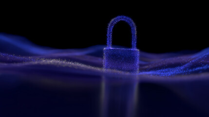 A digital padlock made of glowing blue particles floats above a smooth, wave-like surface, symbolizing cybersecurity and data protection in a futuristic, abstract setting