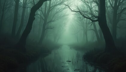 Gloomy forest landscape view with eerie fog and small creek. Sinister vibe with bare trees in misty woodland. Creepy marsh with dim light in scary nature.