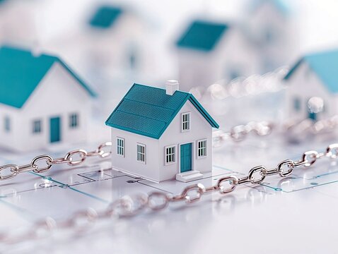 A chain links miniature houses, suggesting concepts of security, ownership, or limitations in real estate.