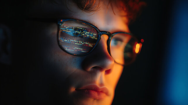 A close-up of a person wearing glasses reflecting computer code, highlighting concentration and technology in a dark, moody atmosphere with warm and cool lighting contrasts