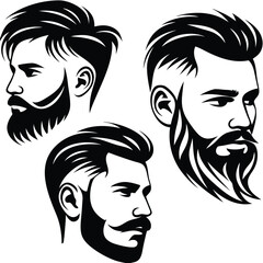 Three illustrated bearded men display distinct haircuts and facial hair styles in black