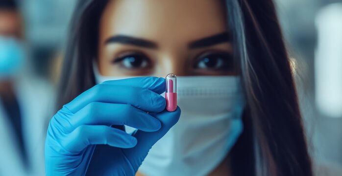 Healthcare professional in mask and gloves holding vial with pink liquid against blurred hospital background. Concept of pharmaceutical research, laboratory testing and professional healthcare - Powered by Adobe