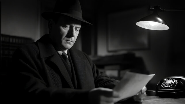 Black-and-white image of a man in a fedora and coat reading a document by a desk lamp, next to a vintage rotary phone, evoking a classic detective or noir film atmosphere