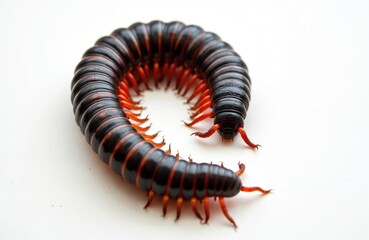 Obraz premium Giant millipede insect with many legs curls up on white background. Close-up of dark segmented arthropod with orange legs, exploring its environment. Detailed view of invertebrate creature.