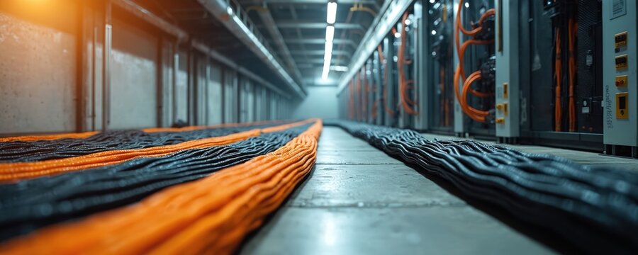 Rows of black and orange cables run down a long industrial corridor. Servers and electrical equipment stand on racks under ceiling lights. This facility is filled with wires and connections.