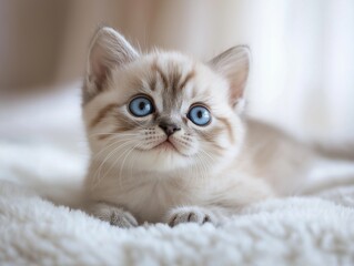 Blue-Eyed Kitten on Fluffy Blanket