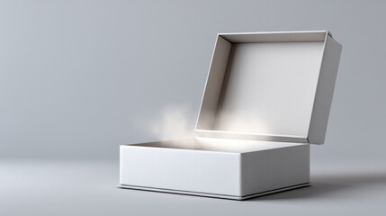 Open box with glowing invisible air emerging, minimal style, white background, mystery and curiosity concept