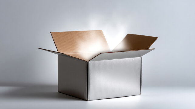 Open cardboard box with glowing light and invisible air effect emerging, symbolizing mystery and surprise on neutral background