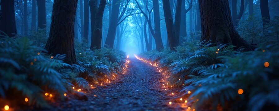 Enchanted forest pathway with glowing lights at dusk. Mystical ambience of nature with blue tones. Magic, dreamlike setting. Trees surround path with light orbs in serene environment creates fantasy - Powered by Adobe