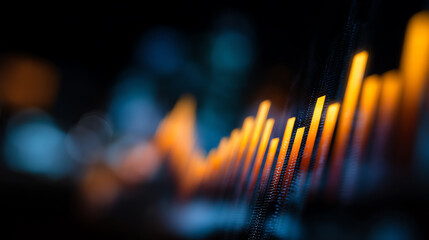 Abstract image of orange and blue digital soundwave bars with bokeh effect on a dark background, representing audio visualization or data analytics
