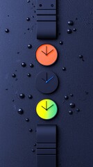 Three circular clocks with different colored faces and hands are arranged vertically on a dark, textured surface with scattered black droplets.