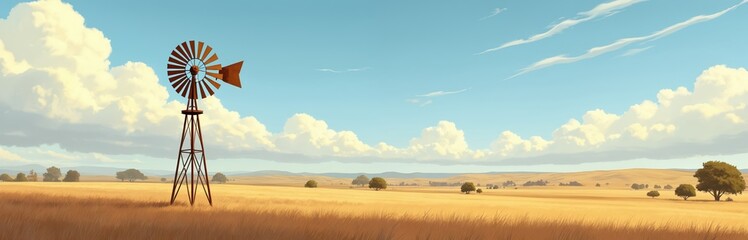 Fototapeta premium Old windmill on golden dry grass field under blue sky with white clouds. Rural landscape with scattered trees and rolling hills in distance. Agricultural scene on sunny day.