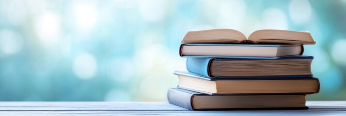 Stack of multicolored books on table with open book on top. Bluish-green background with highlights creates atmosphere of peaceful reading and outdoor learning. Copy space. Banner