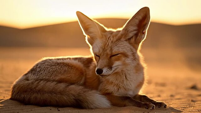 A fennec fox resting on the sand dunes in the golden desert sunset
