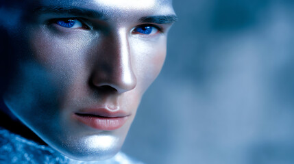 Close-up of a young man with blue eyes and smooth skin under cool blue lighting, creating a futuristic and intense atmosphere