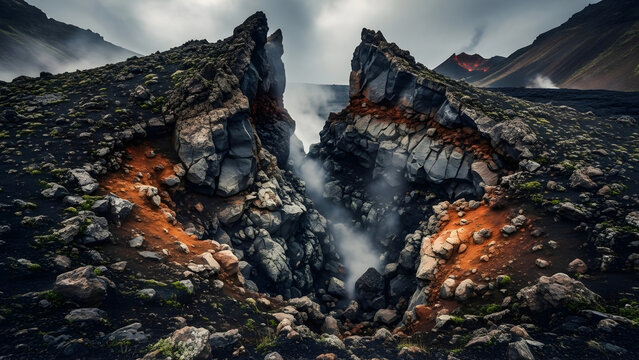 Dramatic volcanic landscape with glowing lava and steam - Powered by Adobe