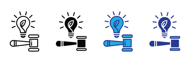 Concept of intellectual property law for new ideas, represented by a light bulb with a leaf inside and a judge's gavel, in various styles