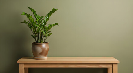 Minimalist ZZ Plant on Wooden Table with Sage Green Wall Background