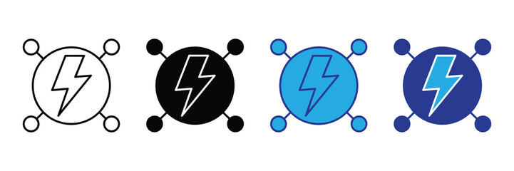 Set of four simple lightning bolt icons representing energy and power, isolated on white backgrounds.