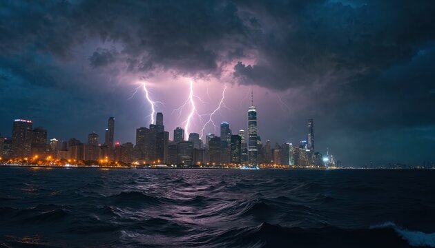 City skyline at night with lightning strikes over ocean waves. Dark storm clouds gather above skyscrapers illuminating against dark sky. Powerful electrical storm flashes light up urban landscape.