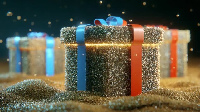 Sparkling Gifts Surrounded by Glimmering Particles in a Festive Atmosphere, Showcasing a Collection of Decorative Boxes with Colorful Ribbons and a Mysterious Golden Backdrop