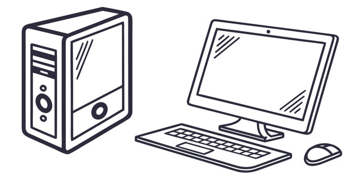 Illustration of a desktop computer setup including a tower monitor keyboard and mouse in black outline