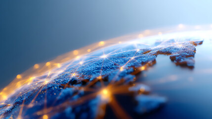 A digital globe with illuminated network connections highlights global communication and data exchange across continents in a futuristic, technology-driven concept