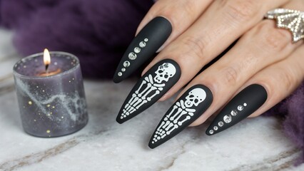 Halloween nail art coffin nails skeleton design black nails spooky manicure